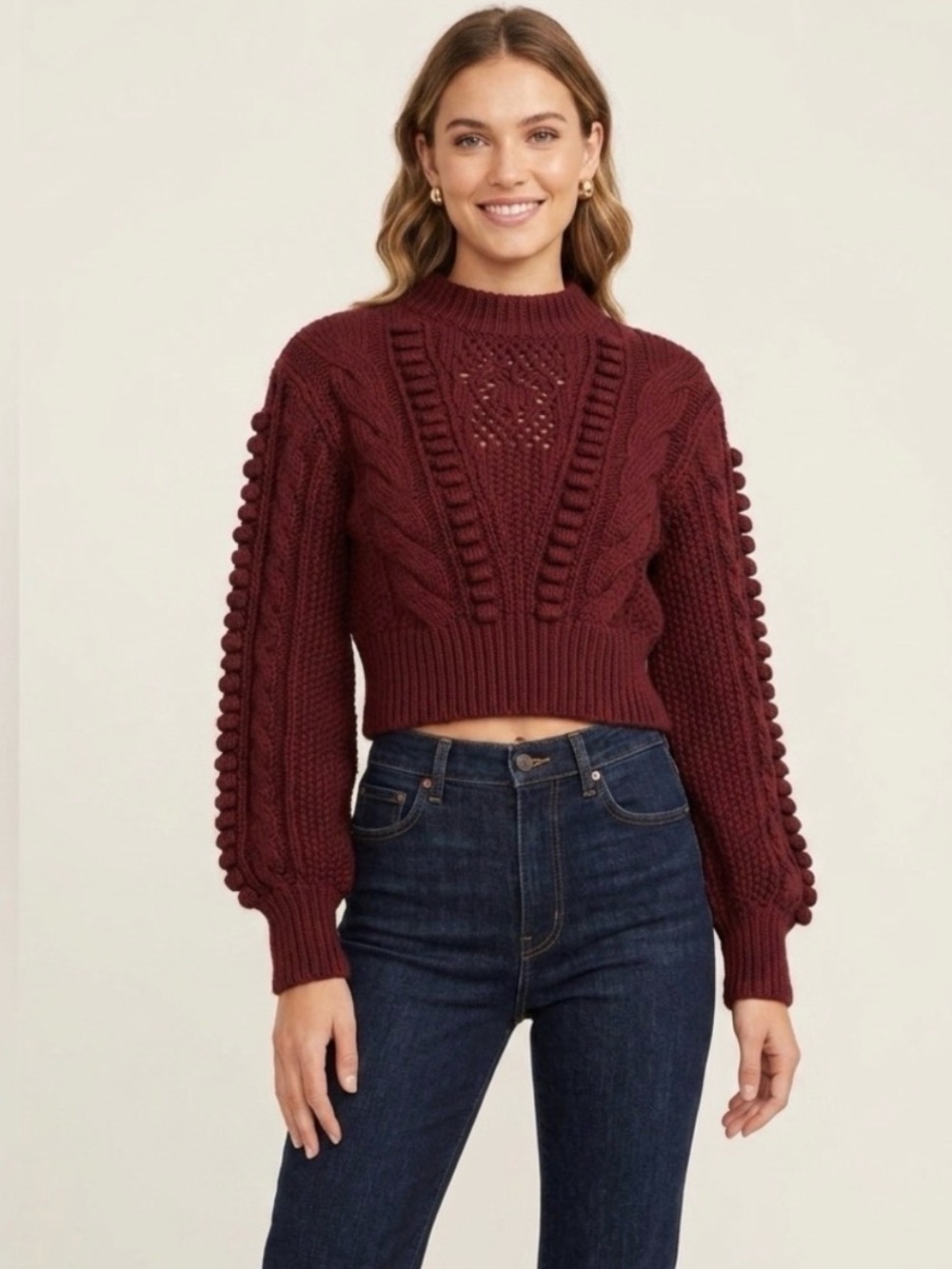 Anthropologie Maroon Chunky Cable Knit Cropped Sweater size M